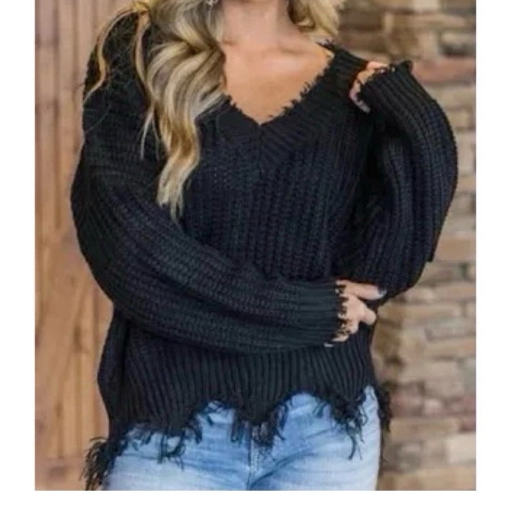 Boutique Black Distressed Sweater Top - Picture 6 of 9